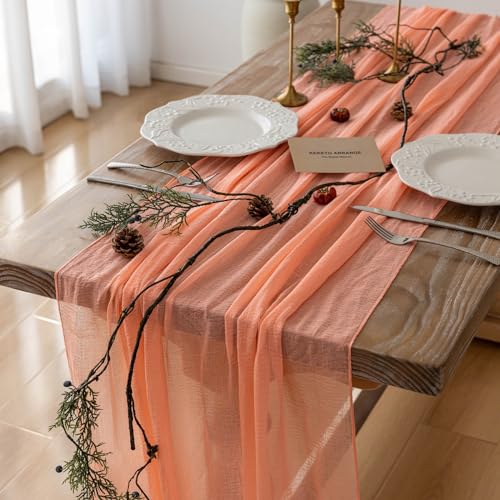 10Pcs Coral Peach Cheesecloth Table Runner 120 Inches for Party Home Decor | For Wedding Baby Shower Bridal Shower Birthday Engagement Party 10FT Rustic Boho Home Decorations - color: Coral Peach, size: 35"x120"(Pack of 10)