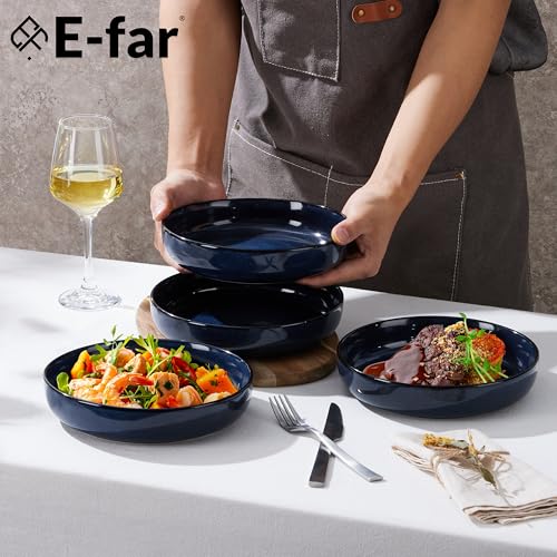 E-far Blue Pasta Bowls Set of 4, 35oz Double Reactive Glaze Stoneware | Wide & Shallow Ceramic Pasta Plates for Serving Salad Soup Dinner, Dishwasher & Microwave Safe - color: Deep Sea Blue