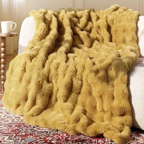 Ultra Soft Cozy Faux Fur Throw Blanket, Fuzzy Plush Thick Bubble Blanket, Oversize Luxury Fluffy Blanket for Couch, Sofa, Bedroom, and Living Room,50x60 Inches, Dark Yellow - color: Bubble Dark Yellow, size: Throw
