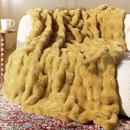 Ultra Soft Cozy Faux Fur Throw Blanket, Fuzzy Plush Thick Bubble Blanket, Oversize Luxury Fluffy Blanket for Couch, Sofa, Bedroom, and Living Room,50x60 Inches, Dark Yellow - color: Bubble Dark Yellow, size: Throw