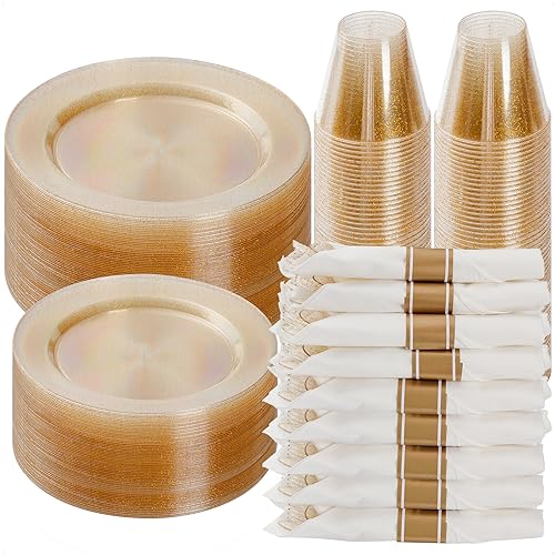 350 Piece Gold Glitter Plastic Dinnerware Set for 50 Guests | Disposable Dinnerware Includes: 50 Dinner Plates, 50 Dessert Plates, 50 Rolled Napkins with Silverware, 50 Cups - color: Gold Glitter, style: 350 Piece (50 guests)