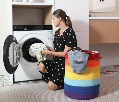 16"x20" Extra Large Cotton Rope Basket with Zipper Lid, Woven Laundry Hamper and Blanket Storage Basket, Round Clothes Bin for Living Room Bedroom, Rainbow Multicolor - color: Rainbow