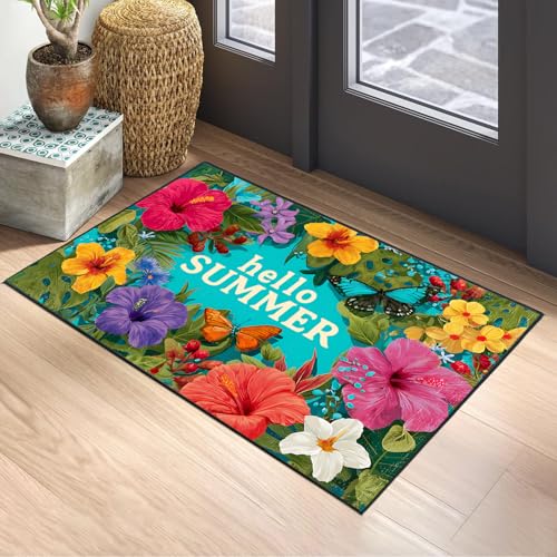 Hello Summer Area Rug 2x3 ft Entry Rug Washable Boho Rugs Non Slip Low Pile Floral Door Mat Small Carpet for Bedroom, Bedside, Kids Room, Office, Dining Room - color: Hello Summer, size: 2' x 3' (Rectangular)