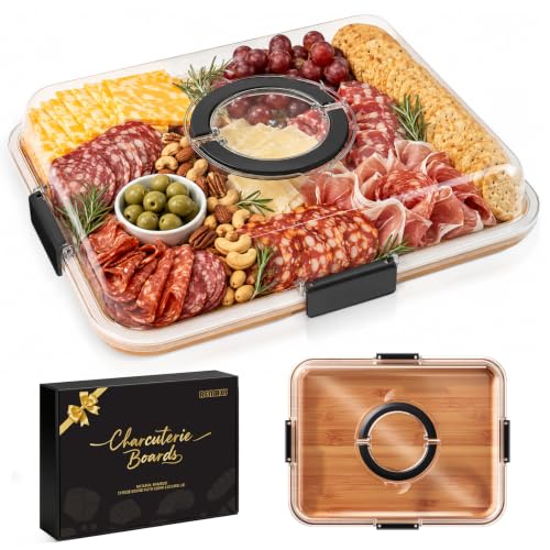 Portable Charcuterie Boards with Lid, Cheese, Veggie & Snack Tray | Clear Lid Keeps Food Fresh, Travel Portable Board for Kitchen, Picnic and Party, House Warming Gifts New Home - color: 1 Compartment Black