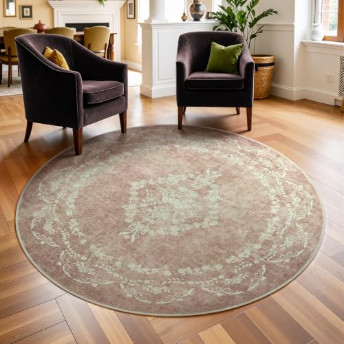 FlyDOIT Small Round Area Rug 4ft, Circle Rugs for Bedroom, Beige Pink | Vintage Boho Floral Distressed Circular Carpet for Living Room Dining Room Entryway College Dorm Office Decor - color: Beige Pink, size: 4' (Round)