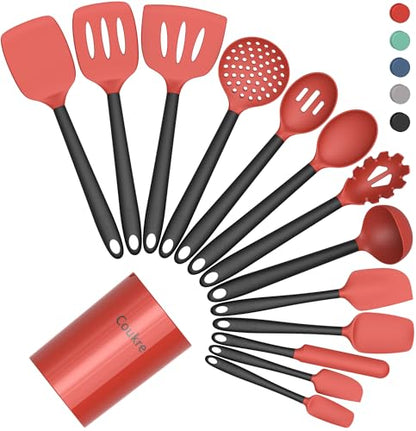Coukre Silicone Kitchen Cooking Utensils Set, Heat Resistant, 14-Piece | Dishwasher-Safe, Food-Grade Silicone, BPA-Free, Spatulas, Spoons & Turner, Safe for Nonstick Cookware, Red - color: Red