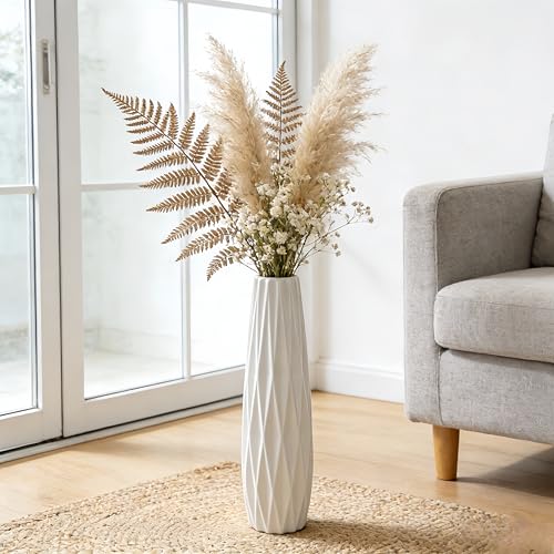 White Tall Ceramic Floor Vase, 17.7 Inch, Ribbed Design, Large Vase | Glossy Glazed Finish, Narrow Corners, Entryway, Bedroom, Compact Spaces - color: Ten Stripes, size: Height-17.7 Inch