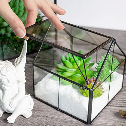 House Shape Glass Terrarium Planter with Swing Lid Black Frame | Black metal frame transparent glass panel, suitable for DIY planting of small succulent plants and mosses - size: 4.3"L x 4.3"W x 4.9"H
