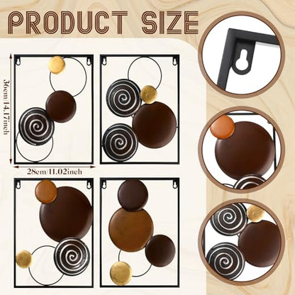 Tandefio 4 Pcs Metal Wall Art Abstract Wall Decoration Brown Metal Decor 14'' x 11'' Minimalist Sculptures Decor Round Style Iron Modern Accent Hanging Housewarming Gift for Home Living Room Bedroom