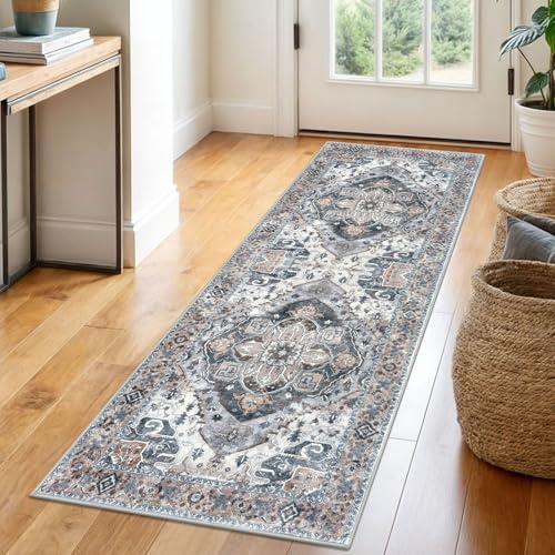 SIILOOM 2x6 Washable Runner Rug, Non Slip Soft Area Rug for Hallway Kitchen | Boho Vintage Spill & Stain Resistant Low Pile Carpet for Entryway Office Laundry Bedroom, Easy Clean - color: Ash Taupe Blue, size: 2' x 6' (Runner)
