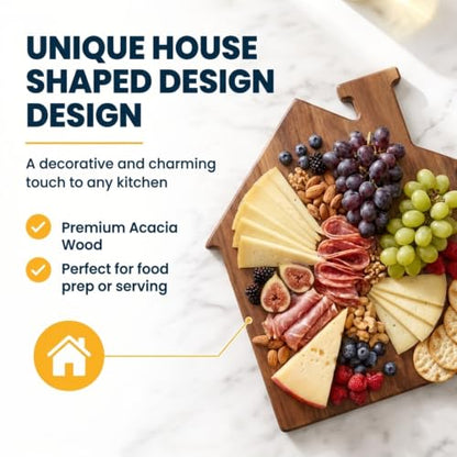 House Shaped Cutting Board | 13" x 14" Acacia Finish Board | Kitchen Prep and Serving Board | Gift Box Included - color: Acacia, style: House