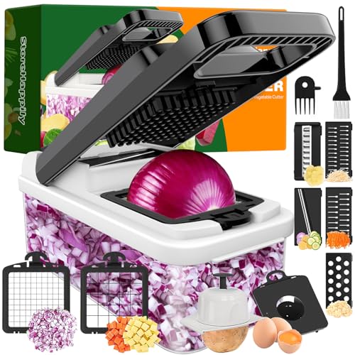 12-in-1 Vegetable Chopper 7 Blades, Veggie Cutter with Handle, Black/White | Stainless Steel Blades, Food Container and Lid, Dicer, Slicer, Julienne, Egg Separator, Non-slip Base, Include Cleaning Tools - color: Black, size: 7 blades