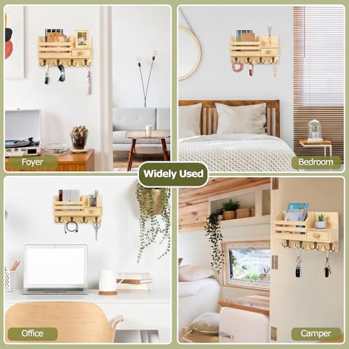Key Holder Wall Mount, Wooden Key and Mail Organizer, Natural | 2 Mount Options, Includes 8 Hooks, Fence Mail Slot, Small Drawer and Shelf, for Entryway, Hallway, Doorway, Living Room, RV - color: Natural