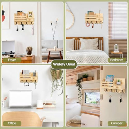Key Holder Wall Mount, Wooden Key and Mail Organizer, Natural | 2 Mount Options, Includes 8 Hooks, Fence Mail Slot, Small Drawer and Shelf, for Entryway, Hallway, Doorway, Living Room, RV - color: Natural
