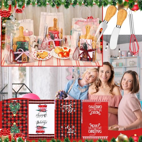 12 Set Christmas Charcuterie Board Gifts Bulk, Bamboo Mini Cheese Cutting Board Gifts with Spreader Knives Fork Towel Whisk for Xmas Gift Wedding Bridal Baby Shower (Long Handle,Light) - color: Light