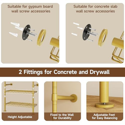 L2 Wall Mounted Closet System, Industrial Pipe Clothing Rack, Gold | Metal Clothes Rack with 2 Telescopic Rods & 6 Shelves, Heavy Duty Closet Organizers for Wardrobe, Reach-in & Walk-in Closets - color: Gold