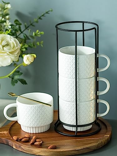 LYEOBOH Stackable Coffee Mugs with Rack, 13 oz Ceramic Coffee Mug Set of 4 with Stand, Latte Cup with Spoon, Cappuccino Cups for Hot Cocoa, Milk, White - color: White