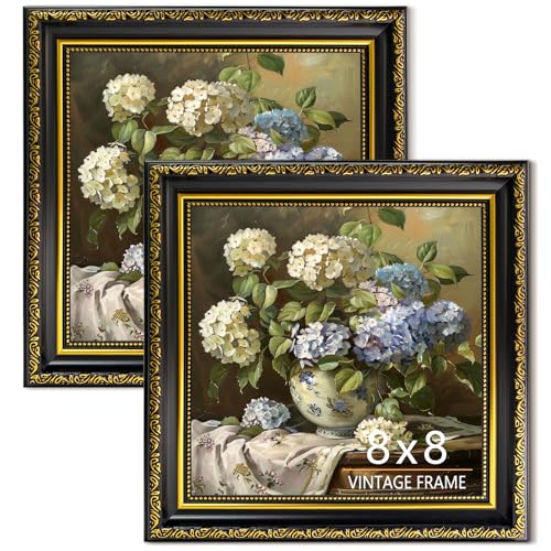 Ornate 8x8 Picture Frame Set of 2, Vintage 8 x 8 Photo Frame for Wall Hanging and Tabletop Display, Decorative Classic Frames for Home or Office, Black and Gold, 2 Pack - color: Black & Gold, size: 8x8-2P