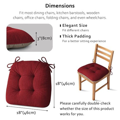 ELFJOY Dining Chair Cushions Set of 2 Non Slip 18"X18"X3" Red | Thick,Textured Fabric, with Ties, Tufted, Large, for Kitchen, Dining Room, Indoor, Bedroom, Living Room, Office, Comfortable - color: Red