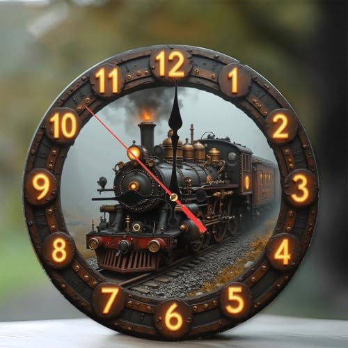 Vintage Steam Train Wall Clock Unique Design Home Decor10-Inch Wooden Wall Clock, Silent Movement, Artistic Home Decor - color: Steam Train, size: 10x10inch(25x25cm)