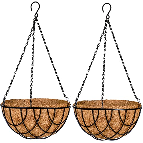 Kingbuy 12 Inch Metal Hanging Planter Basket 2 Pack - with Coconut Fiber Liners, Rustproof 3-Chain System, Quick Drainage for Indoor/Outdoor Window Balcony Patio, Weather-Resistant Coating - size: 12 Inch, style: Grid