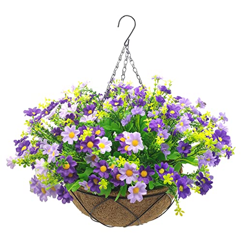 Artificial Hanging Flowers with Basket,Fake Daisy Flowers in 12 inch Coconut Lining Hanging Baskets for The Decoration of Courtyard, Indoors, and Outdoors(Purple) - color: A-purple