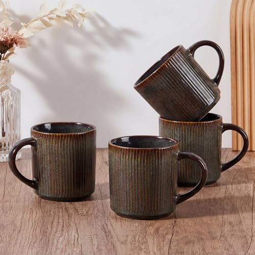 E-far Coffee Mugs Set of 4, 12 oz Stoneware Coffee Cups with Handle for Latte, Tea, Cocoa, Milk, Modern Ribbed Ceramic Mugs for Man Woman, Microwave & Dishwasher Safe, Blackish Green - color: Blackish Green