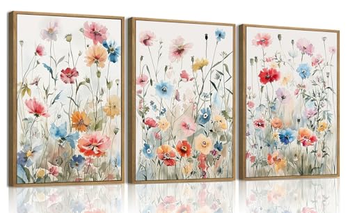 KISSFOX Colorful Wildflower Canvas Wall Art Set Of 3 Flowers Pictures Prints Flowers Printing Floral Watercolors Flower wall Decor Living Room Girls Bedroom Bathroom (Grey Blue, 12"x16" Natural Framed, Framed) - color: Grey Blue, size: 12x16 In Natural Fr