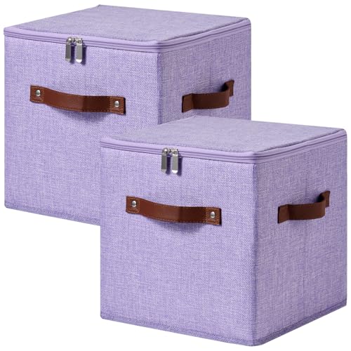 2PCS Storage Cubes with Lids Cotton Linen Fabric Bins Boxes | Decorative Foldable Washable Closet Shelf Organizer Clothes Container with PU Leather Handles, Zipper Lid, Purple, 11in - color: Purple ( Zipper Lid ), size: Set of 2 ( 11 in )
