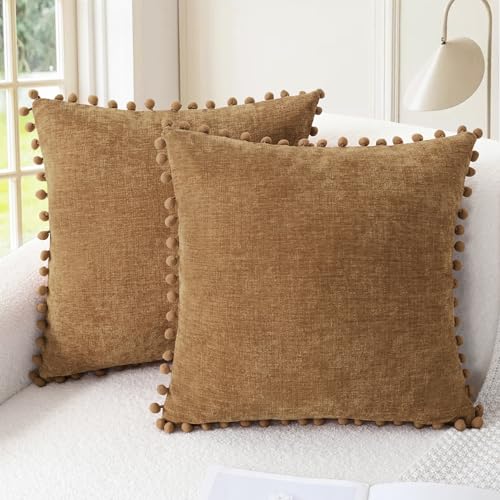 CaliTime Decorative Couch Throw Pillow Covers 16 X 16 Inches Apricot Brown | Pack of 2, Cozy Chenille Cushion Cases, with Pom Poms for Sofa Bed Living Room Farmhouse Home - color: Apricot Brown, size: 16" x 16" (Pack of 2)