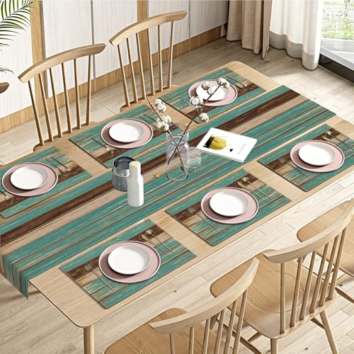 Emvency Table Runner and Placemats Set of 6, Farmhouse Teal Blue | Art Dining Decor for Daily Use(1 Table Runner 72 inches Long and 6 Placemats) - color: Farmhouse