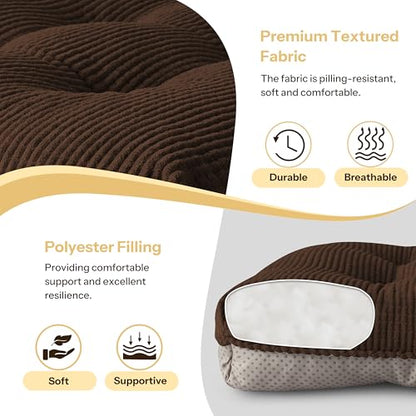 Anti Slip Kitchen Chair Cushions Set of 4 18"X16.5"X3" Brown | Elegant Breathable Textured Fabric, with Ties, Tufted, Thick Polyester Filling, for Dining Chairs, Folding Chairs, Office - color: Brown