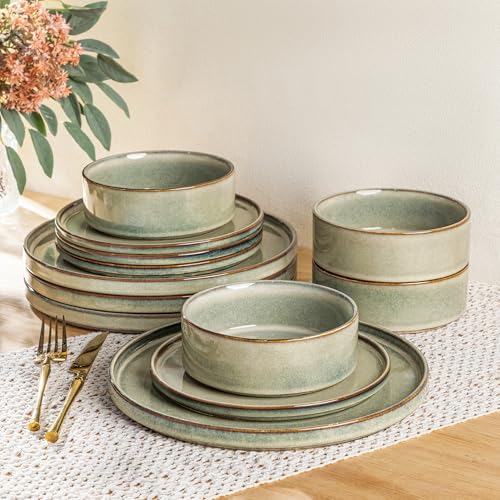 AmorArc Ceramic Dinnerware Sets for 4,12 Piece Plates and Bowls Sets Dishes | Stoneware Handmade Reactive Glaze Dishes Set | Highly Chip and Crack Resistant | Dishwasher & Microwave Safe - color: Reactive Glaze, size: Service for 4