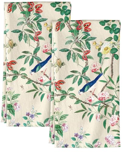 150GSM Flour Sack Kitchen Towels Set of 2, Bird on Branch | 18"x26", Lightweight, Lint-Free, Pure Cotton, Decorative, with Hanging Loop, Absorbent, Softer after Wash, Giftable Package - color: Bird on Branch