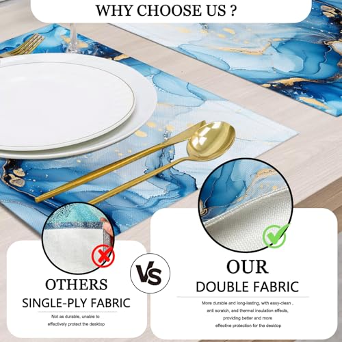 Mcalk Blue Marble Table Runner and Placemats Set of 6, Marble Print Placemats, Modern Cloth Place Mats Indoor for Kitchen,Washable Linen Material for Dining Table - color: 02blue