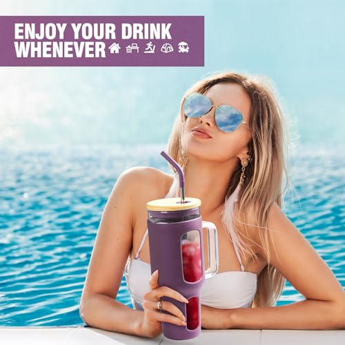 WINSA Glass Tumbler with Lid and Straw, 46 oz, Dark Purple | Iced Coffee Cup with Handle, Large Water Bottle with Silicone Sleeve, Pearl Straw & Drinking Straw, BPA Free - color: Dark Purple, size: 46 Ounces