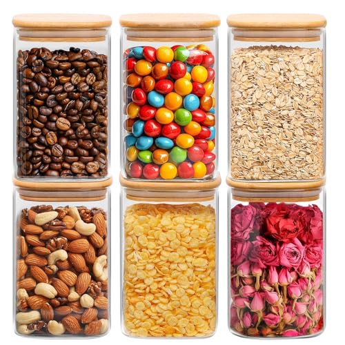 ComSaf Glass Storage Containers wtih Lids 1.2 Qt, Set of 6 Food Storage Jar | Glass Pantry Storage Containers, Square Kitchen Canisters, Pantry Organizers, Tea, Oat, Spice, Coffee, 37oz Jars, BPA Free - size: 1.2Qt*6