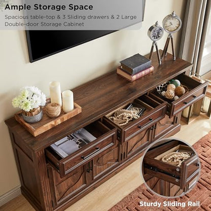 66" Farmhouse Buffet Cabinet with Storage, Sideboard Credenza, Carved Cloud-Inspired Doors, 3 Drawers & Adjustable Shelves, Coffee Bar Cabinet, Dark Brown - color: Dark Brown