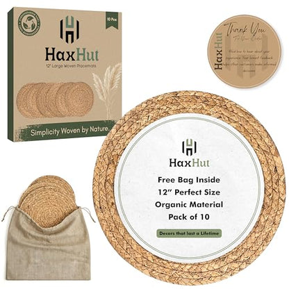 Round Woven Placemats Set of 10, Wicker Placemats for Dinner Plates | 12 Inch Natural Rattan Boho Style Braided Place Mats, Non-Slip, Heat Resistant, Dining Table Chargers with Bag for Storage - style: 12" Pack of 10