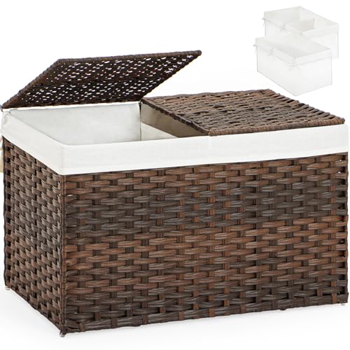 SETVSON Storage Basket with Lid Wicker Baskets for Storage, 160L Brown | 42.3 Gallon Storage Bin with 2 Separate Lids, 2 Removable Liners for Clothes & Blankets, Sturdy Metal Frame, PE Rattan - color: Brown, size: 160L-29.9L*17.3W*18.1H