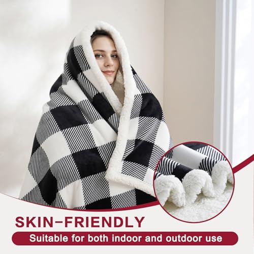PU MEI Sherpa Fleece Throw Blanket 80" x 90" Reversible Plush Fluffy Large Big Blanket Lattice Flannel Blankets for All Season Use, Black and White - color: Black and White, size: 80"*90"