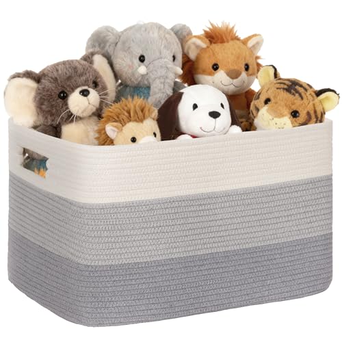 60L Woven Laundry Basket Hamper with Handles, Gradient Grey | collapsible wicker hamper, storage for dirty clothes, toys, blankets, gifts, living room, bedroom, bathroom, 21"x15"x11" - color: Gradient Grey, size: 60L