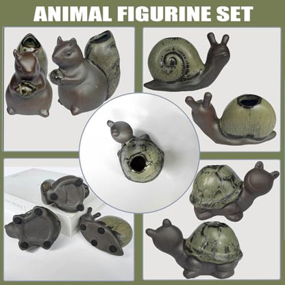 Cute Ceramic Garden Figurines Statue Set of 3 Turtle,Snail, Squirrel, Sculptures Ornaments for Home Office Desk Table Bookshelf Decor and Gifts