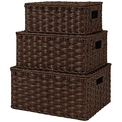 GRANNY SAYS Wicker Baskets with Lids, Decorative Storage Boxes with Lids | Woven Baskets with Lids, Wicker Baskets for Storage, Decorative Storage Boxes, Woven Stackable Basket with Lid, 3 Pack - color: Brown, size: 3 Pack