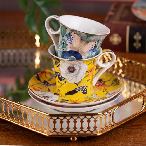 KAMMAK Tea Cups and Saucers Set of 2, 5.7 oz Porcelain Coffee Cups, 567N | Stackable Espresso Mugs, Ceramic Demitasse for Coffee, Cappuccino, Latte, Americano, Tea - size: 7KPSP567N+568N