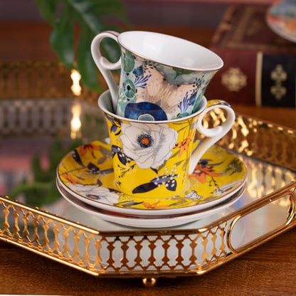 KAMMAK Tea Cups and Saucers Set of 2, 5.7 oz Porcelain Coffee Cups, 567N | Stackable Espresso Mugs, Ceramic Demitasse for Coffee, Cappuccino, Latte, Americano, Tea - size: 7KPSP567N+568N