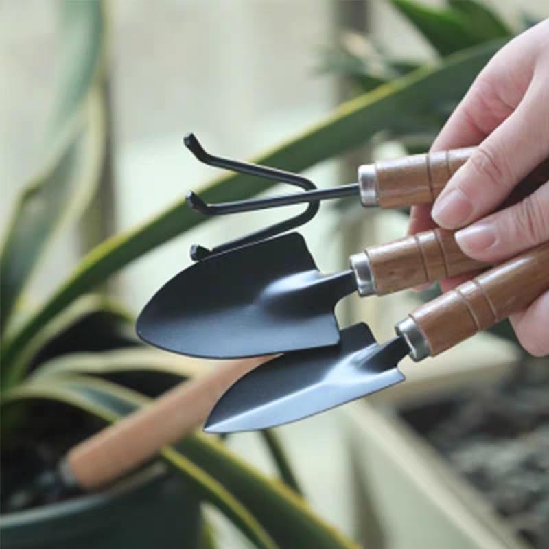 Mini Gardening Tool Set - 3PCS Hand Shovel, Rake, Spade with Wooden Handle - Small Planting Weeding Kit for Indoor Succulents, Cactus, Herbs, DIY Terrarium - Cute Garden Tools for Kids & Adults