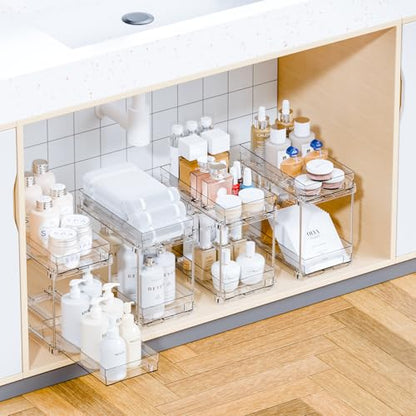 4 Set Bathroom Organizers and Storage,2 Tier Clear Under Sink Organizer and Medicine Cabinet Organizer for Kitchen,Pantry Storage,Pull Out Drawers for Skincare,Pill Bottle,Spice Organization