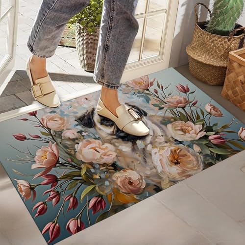 Pug Floral Indoor Door Mat,Non-Woven Fabric Door Mat,Anti-Slip Backing Welcome Mat for Front Door,Indoor Entrance,Kitchen, Bedroom,Living Room-Durable Floor Mat for Home Decor & All Seasons - color: Pug44