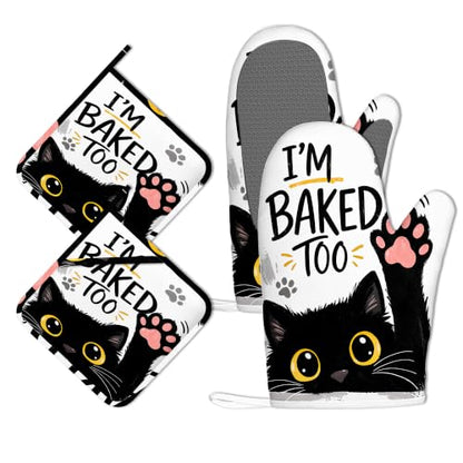 Funny Baker Black Cat Oven Mitts and Pot Holders Sets of 4 PCS, I’M Baked Too Oven Gloves Potholder for Kitchen Cooking Baking BBQ Heat Resistant - color: Funny Baker Black Cat